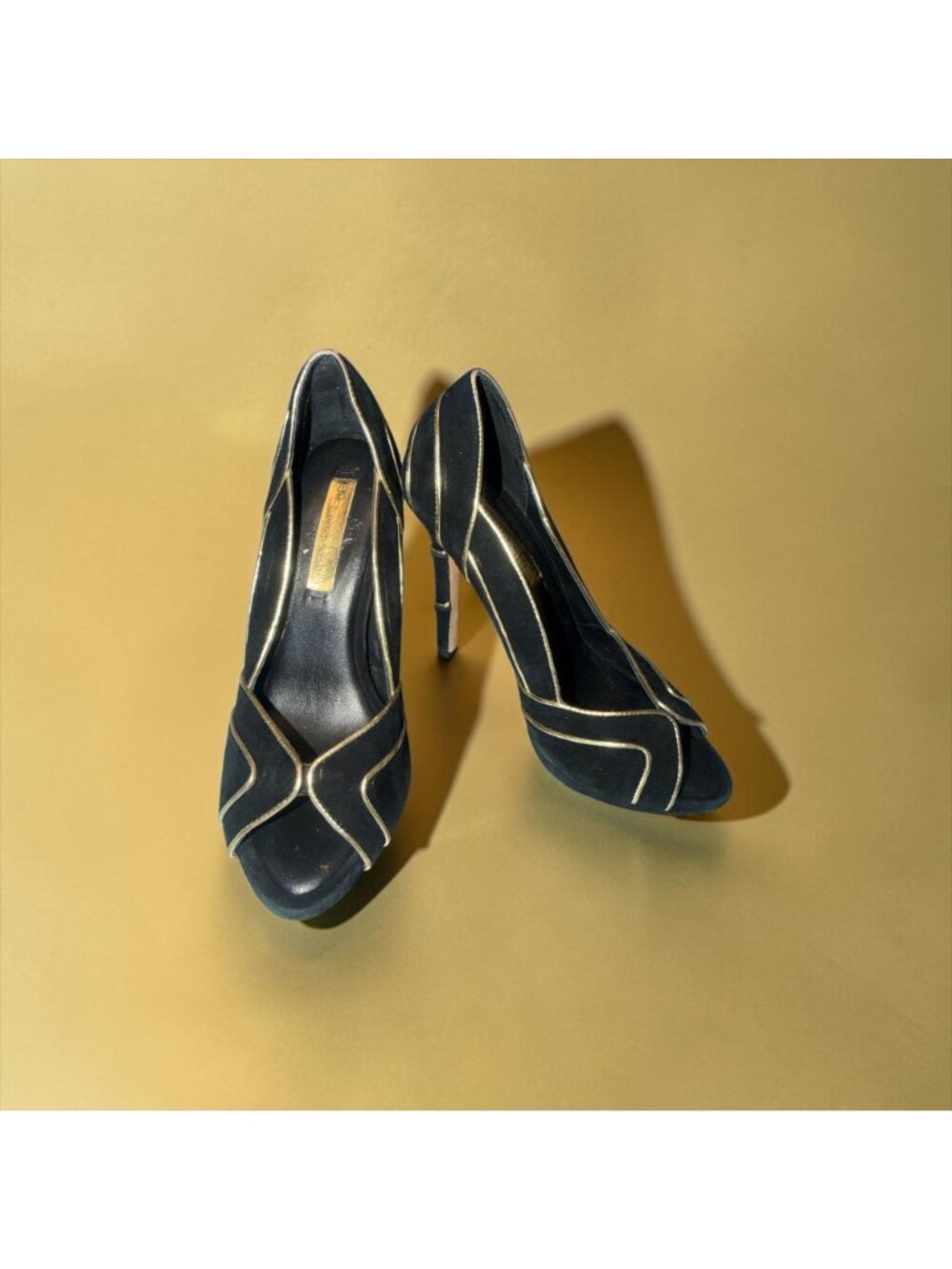 BCBGMaxazria Linden Peep-toe Pump Womens 6.5 Black Suede Gold Trim Platform Heel - Picture 2 of 9